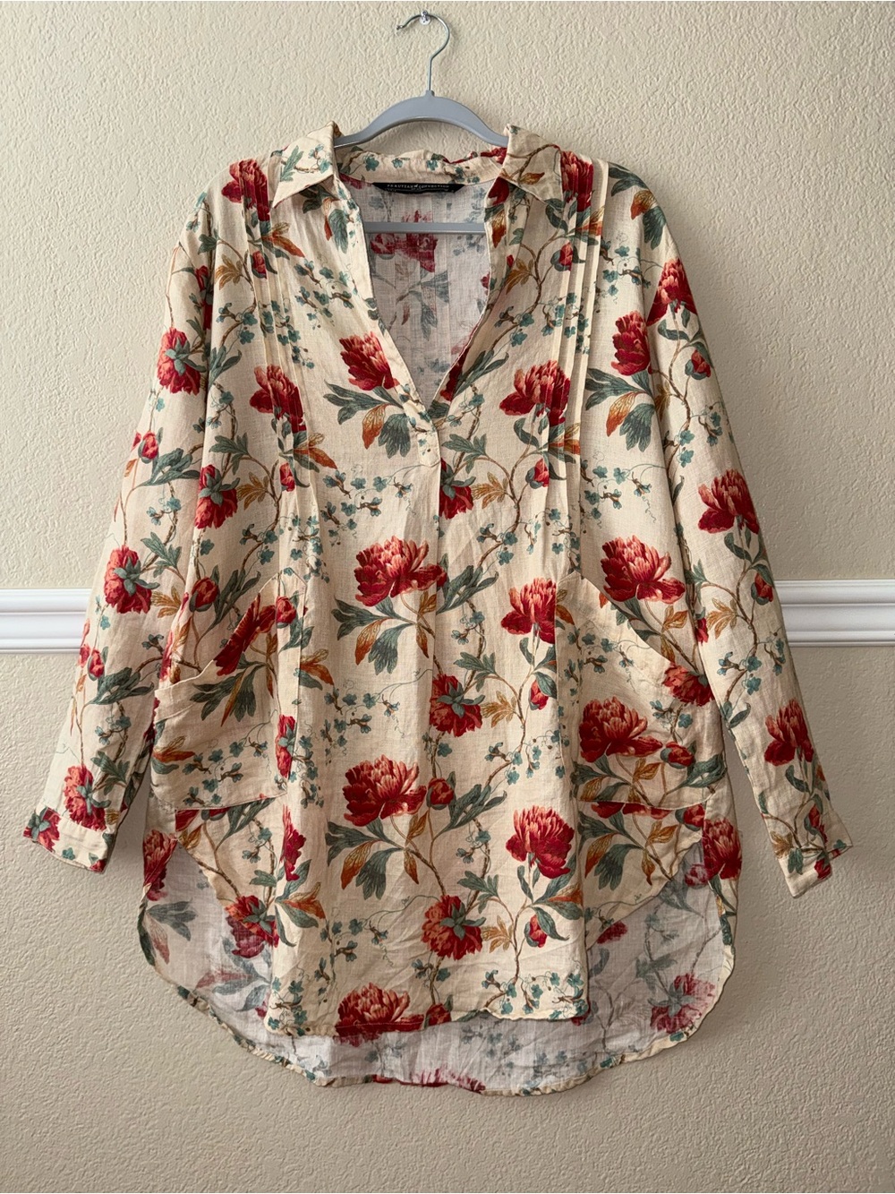 Peruvian Connection 100% Linen Savannah Tunic Floral Peonies Relaxed Fit Medium